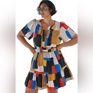 Anthropologie The Somerset Tiered Mini Dress Novelty Color Block Size XS NWT